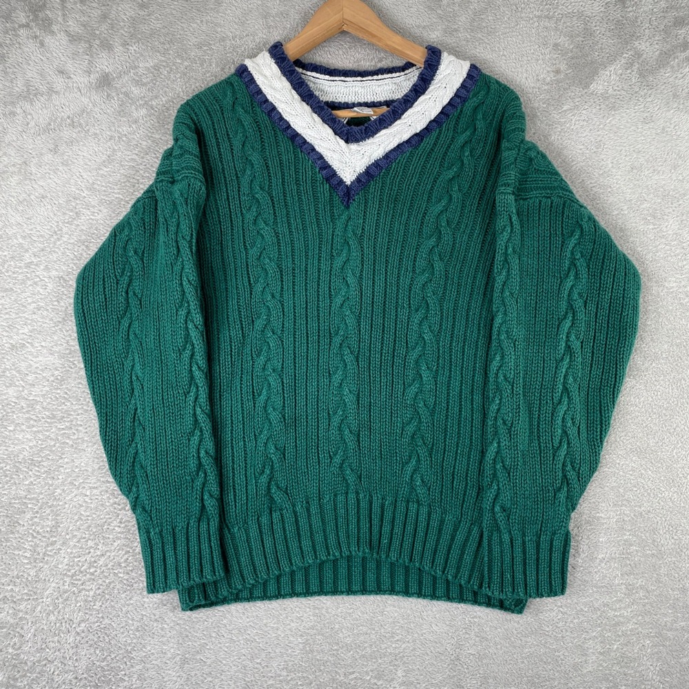 Vintage Nuggets Sweater Womens Medium Green Chunky Cable Knit V Neck Cottagecore